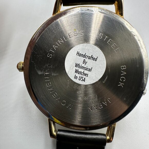 WW Whimsical Soccer Watch Men Gold Tone Black Leather Band 40MM Case New Battery - Picture 6 of 12